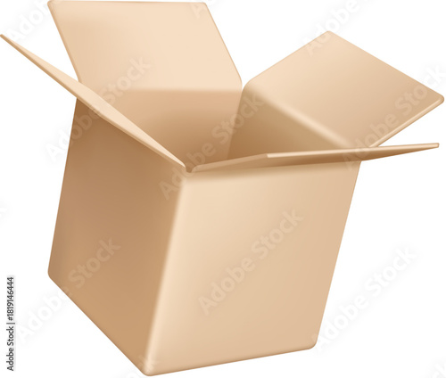 Empty open cardboard box 3D vector illustration, ideal for e-commerce, shipping, moving, or unboxing concepts with a clean and professional design