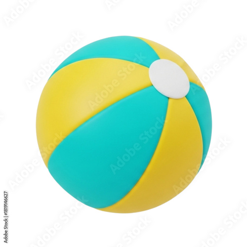 A vibrant, glossy 3D rendered beach ball with yellow and teal panels, perfect for summer fun and outdoor activities