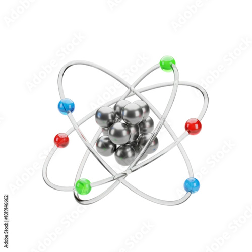 Abstract 3D rendering of an atomic structure model, depicting a nucleus with orbiting electrons in colorful spheres, symbolizing science, physics, and chemistry concepts