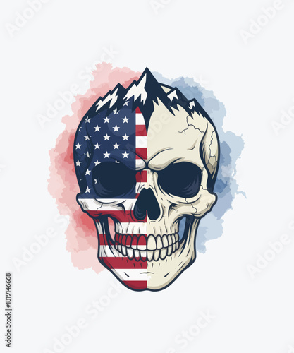 Patriotic skull with mountain design featuring american flag colors in watercolor style on a white background