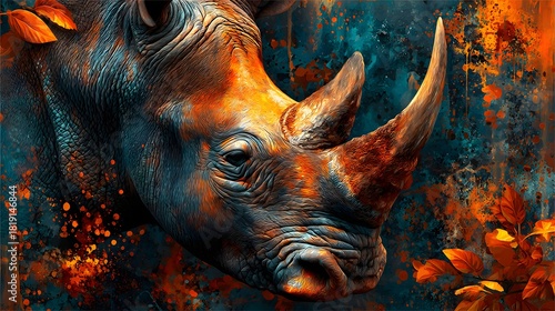 Majestic rhinoceros head with detailed skin texture and glowing horn against abstract orange and blue splatter backdrop, perfect for bold poster design, creative editorial