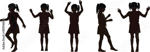 Girl silhouette illustration, playful poses, black figure art, expressive movement, pigtail hairstyle, dance gesture, posture variation, childhood energy, motion study