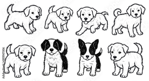 A collection of eight adorable cartoon puppy illustrations in black and white.