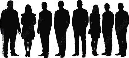 Group of people silhouettes, diverse men and women standing figures, abstract shadow design, unity diversity concept, lifestyle posture reference illustration