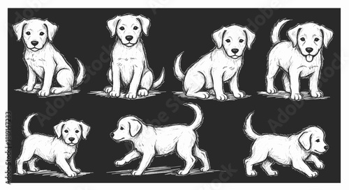 Seven adorable white puppies in various poses on a dark background, sketched in black and white.