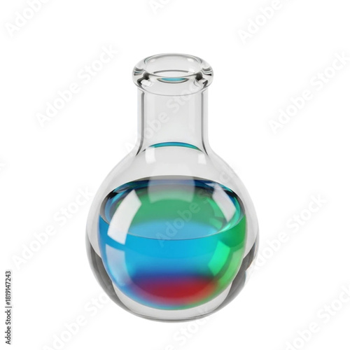 Transparent round-bottom laboratory flask with multi-colored liquids, isolated on white background, 3D rendering