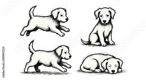 Four adorable puppy sketches in various poses on a white background.