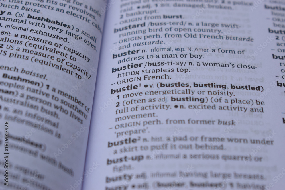 Fototapeta premium English Dictionary Page Close Up With The Word Of -bustle