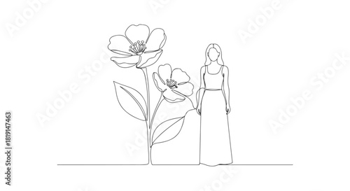 Continuous line art illustration of a woman standing next to a large blooming flower