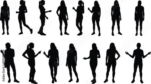 Human silhouette collection, fifteen standing poses with gestures and postures, abstract shadow figures, body language reference, lifestyle design illustration