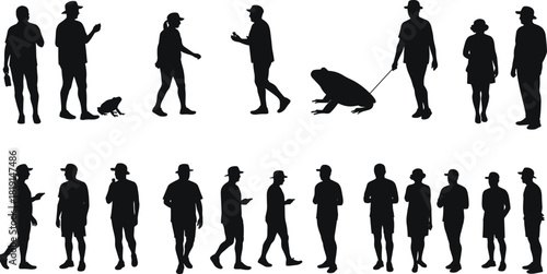 Human and animal silhouettes, walking people, surreal frog on leash, dog companion, mobile phone users, abstract shadow figures, minimal design
