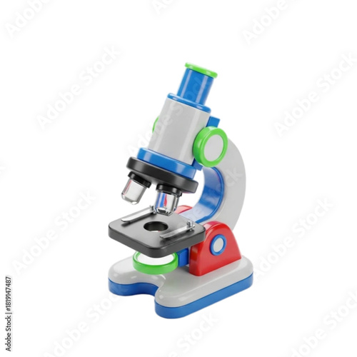 Detailed 3D rendering of a colorful children's microscope, an educational toy for science and biology. Isolated vector style illustration for learning and discovery concepts