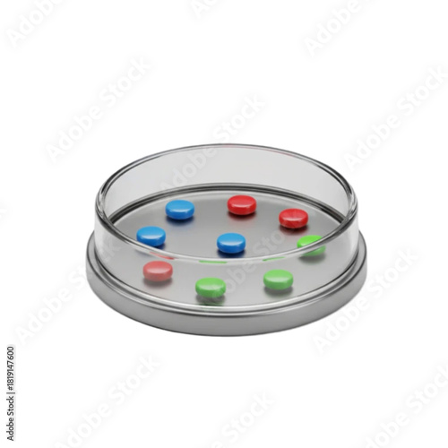 Petri dish with colorful pellets 3D rendering for scientific visualization and laboratory research