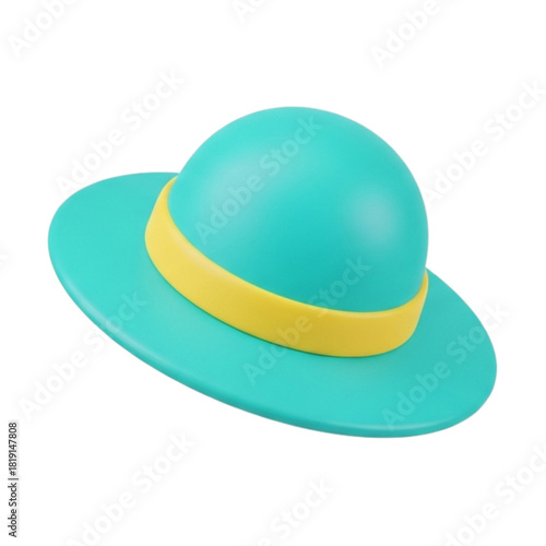 3D modeling illustration of a turquoise summer beach hat. Rendered icon with a wide brim and yellow ribbon for vacation design