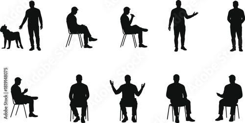 Human silhouette collection, people standing and sitting with dog and cup, gesture poses, abstract shadow figures, posture reference illustration set