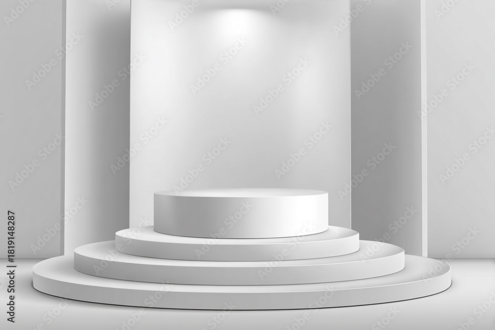 Obraz premium A clean white studio scene featuring a three-tiered circular display podium illuminated by soft overhead spotlights ready for product presentation or exhibition