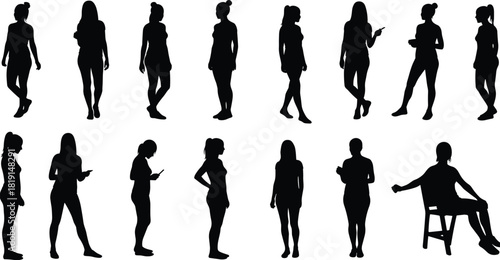 Human silhouette collection, sixteen standing and sitting poses with phone, chair, and gestures, abstract shadow figures, posture reference illustration