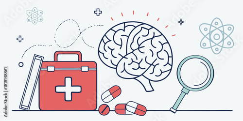 Brain health concept with first aid kit and pills, promoting mental wellness and cognitive function, originally a scalable vector graphic
