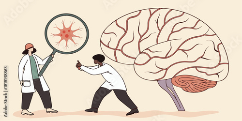 Medical researchers studying brain cells with magnifying glass, illustrating neuroscience research and human brain health, originally scalable vector graphic
