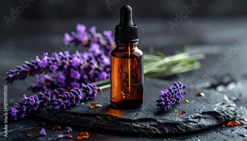 Flacon d'huile essentielle de lavande avec compte-gouttes et fleurs fraîches sur pierre d'ardoise noire