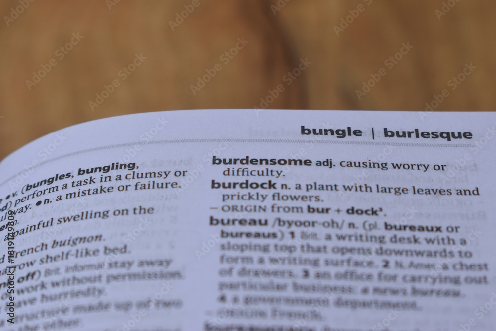 Fototapeta premium English Dictionary Page Close Up With The Word Meaning Of -burdensome