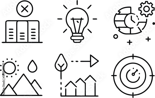 Set of business, finance, and nature icons in a clean, modern line art style.