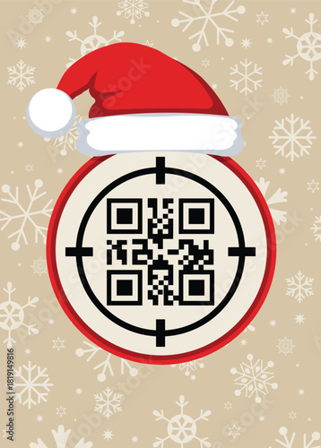 Christmas background with a seamless snowflake pattern, featuring a centered QR code disguised as an ornament and topped with a Santa hat. Ideal for digital holiday promotions, festive coupons, and ma