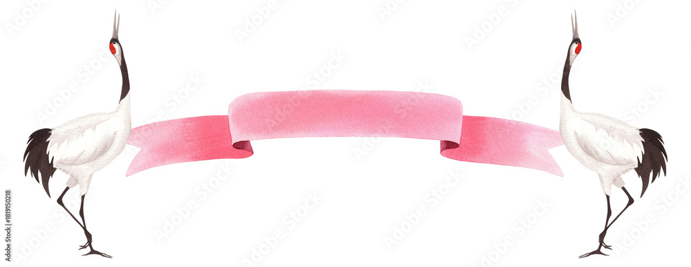 Naklejka premium Dansing japanese red crown cranes and ribbon. Watercolor handmade illustration. For fabric, wallpaper, greeting cards, design, decoration and illustration.