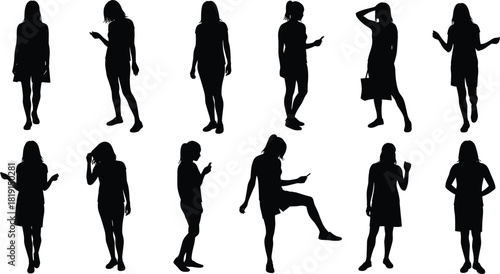 Human silhouette collection, twelve standing poses with phone and bag, gesture postures, abstract shadow figures, lifestyle design, posture reference se