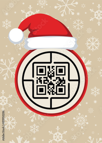 Christmas background with a seamless snowflake pattern, featuring a centered QR code disguised as an ornament and topped with a Santa hat. Ideal for digital holiday promotions, festive coupons, and ma