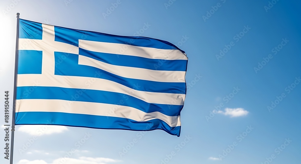 Obraz premium Blue and white striped flag waves proudly against a clear blue sky.