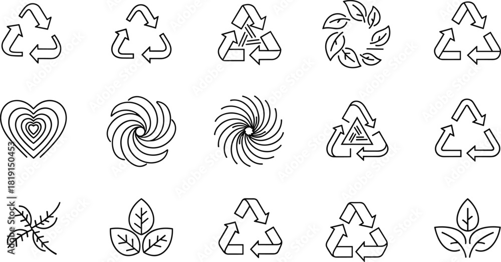 Fototapeta premium Large Vector Collection of Recycling and Ecology Line Icons, featuring Sustainable Arrows, Organic Leaves, Vortex, and Heart Symbols for Environmental Design
