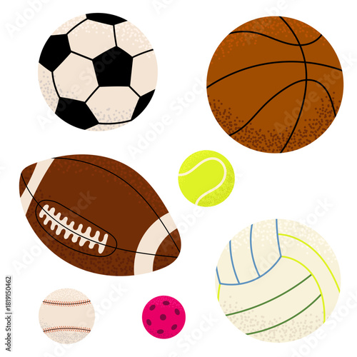Flat style set of popular sports balls: soccer, basketball, tennis, volleyball, baseball, pickleball and football. Perfect for sport events, school materials, posters and active lifestyle designs.