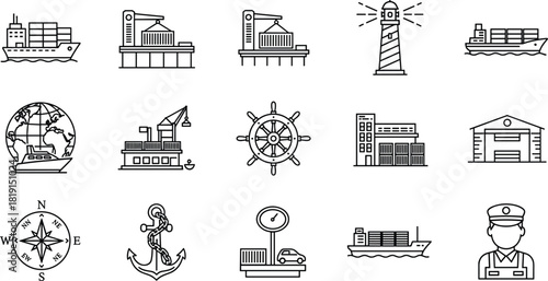 Maritime Logistics and Shipping Vector Line Icons Set, including Cargo Ship, Seaport, Lighthouse, Compass, Anchor, and Global Trade Symbols