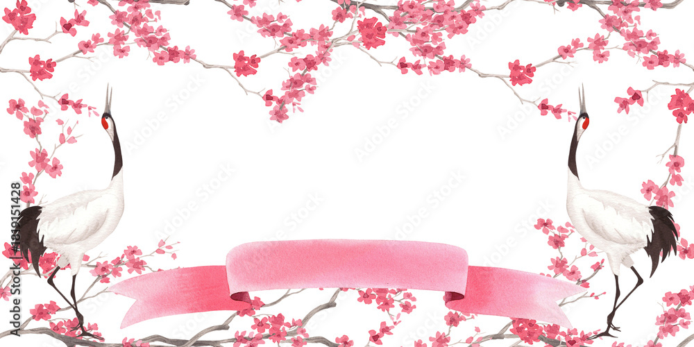 Naklejka premium Restangular frame of sakura, japanese crane and pink ribbon. Watercolor handmade illustration. For fabric, wallpaper, greeting cards, design, decoration and illustration.