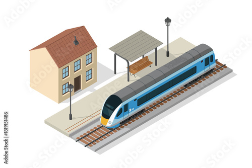 House and station platform next to a modern passenger train traveling on railroad tracks, isometric vector design ideal for travel, transportation, railway graphics, and infrastructure illustration pr