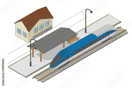 House near modern passenger train traveling on railroad tracks, isometric view vector illustration featuring station platform, small building, and surrounding landscape, 