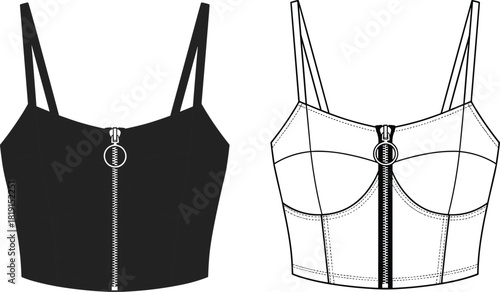 Bustier top fashion vector illustration with spaghetti straps, front zipper, structured cups, vertical seams, fitted silhouette, garment sketch, 