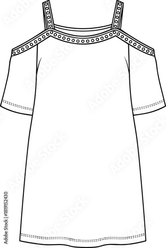 Cold shoulder top fashion vector illustration with neckline trim, short sleeves, shoulder cut-outs, decorative studs, garment sketch, apparel design, technical drawingCold shoulder top