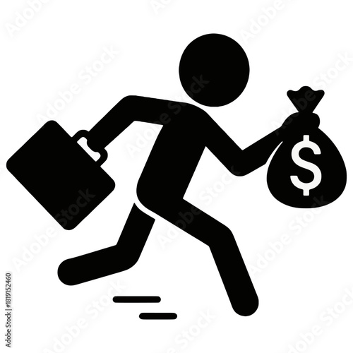 Black silhouette of a running figure carrying a money bag and briefcase, symbolizing tax evasion, financial crime, or illegal money activity