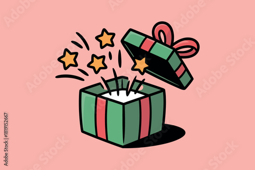 A festive green gift box bursts open with sparkling yellow stars against a soft pink background, symbolizing surprise and celebration.