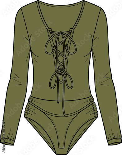Long sleeve bodysuit fashion vector illustration with lace-up front, ruched sides, fitted sleeves, high cut leg, garment sketch,