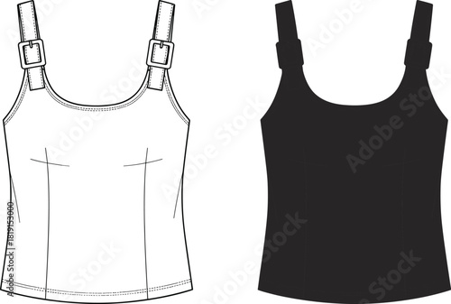 Sleeveless top fashion vector illustration with buckle straps, fitted bodice, vertical darts, curved hemline, technical sketch,