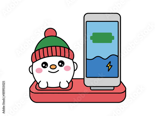 A cute cartoon snowman with a winter hat sits next to a smartphone charging on a red stand, suggesting holiday technology use.