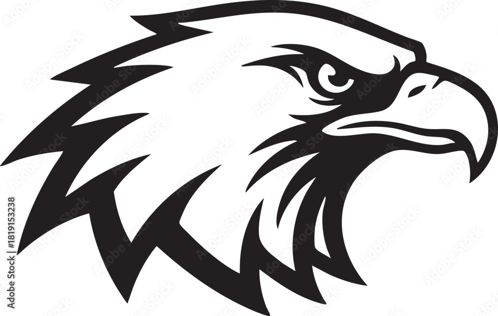 Obraz premium Black and white illustration of an eagle's head showcasing sharp beak and feather details from a side view