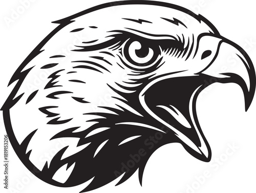A black and white illustration of an eagle's head in profile showcasing sharp talons and fierce expression
