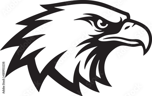 Black and white illustration of an eagle's head showcasing sharp beak and feather details from a side view