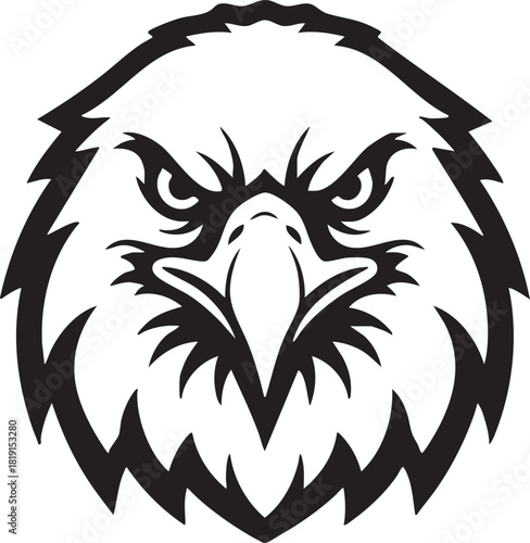 A detailed illustration of an eagle's head with sharp features and piercing eyes, depicted in black and white from a frontal viewpoint.
