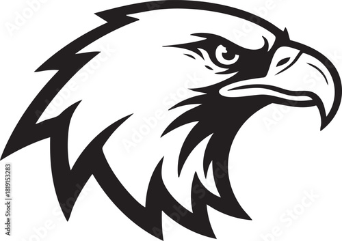 A majestic eagle's head is illustrated in black and white, showcasing its sharp beak and piercing gaze.