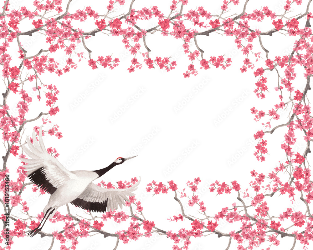 Fototapeta premium Restangular frame of sakura branches and japanese red crown crane. Watercolor handmade illustration. For fabric, wallpaper, greeting cards, design, decoration and illustration.